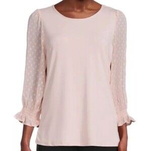 ADRIANNA PAPELL Clip Dot Puff Sleeve Top‎ Pale pink 'Champagne' Blouse Size XL
